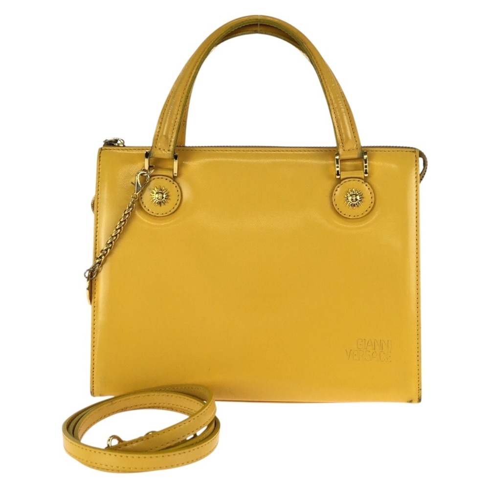 VERSACE Vintage Sunburst 2-way Yellow Leather Handbag/Shoulder Bag with Gold ...